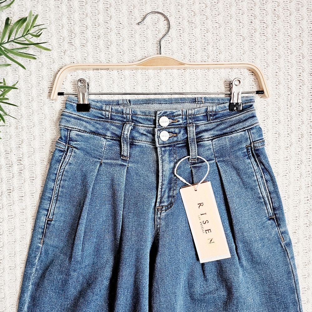 Risen MR Medium Wash Wide Leg Jeans Pleated Double Button Retro 80's Various NEW - Picture 13 of 15